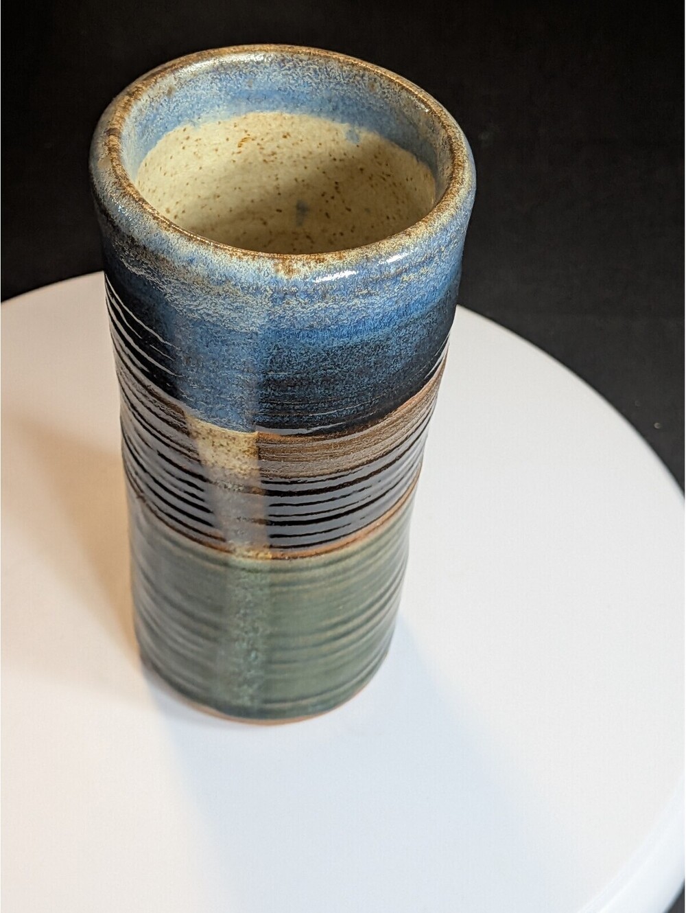 Handmade Studio Pottery Cylinder Vase Blue Green Brown Glaze Modern Rustic